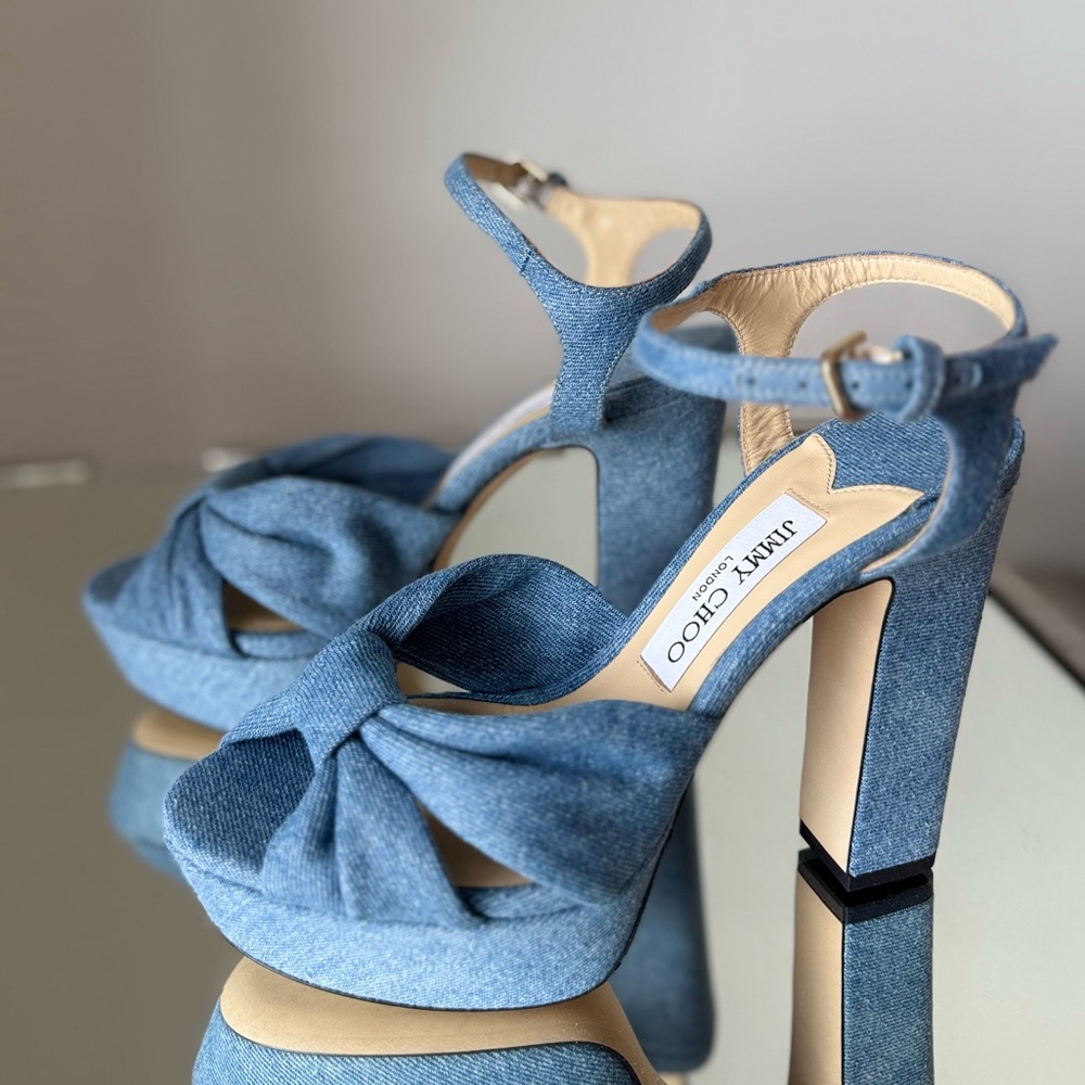 New JIMMY CHOO Heloise 120 Knotted Denim Platform Sandals 38 $995 - Picture 12 of 14